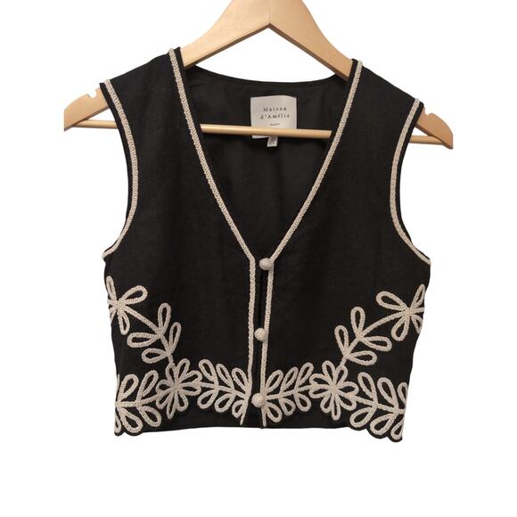Maison d' Amelie Linen Blend Embroidered Floral Leafy Vest Black Dark Academia - Picture 1 of 4